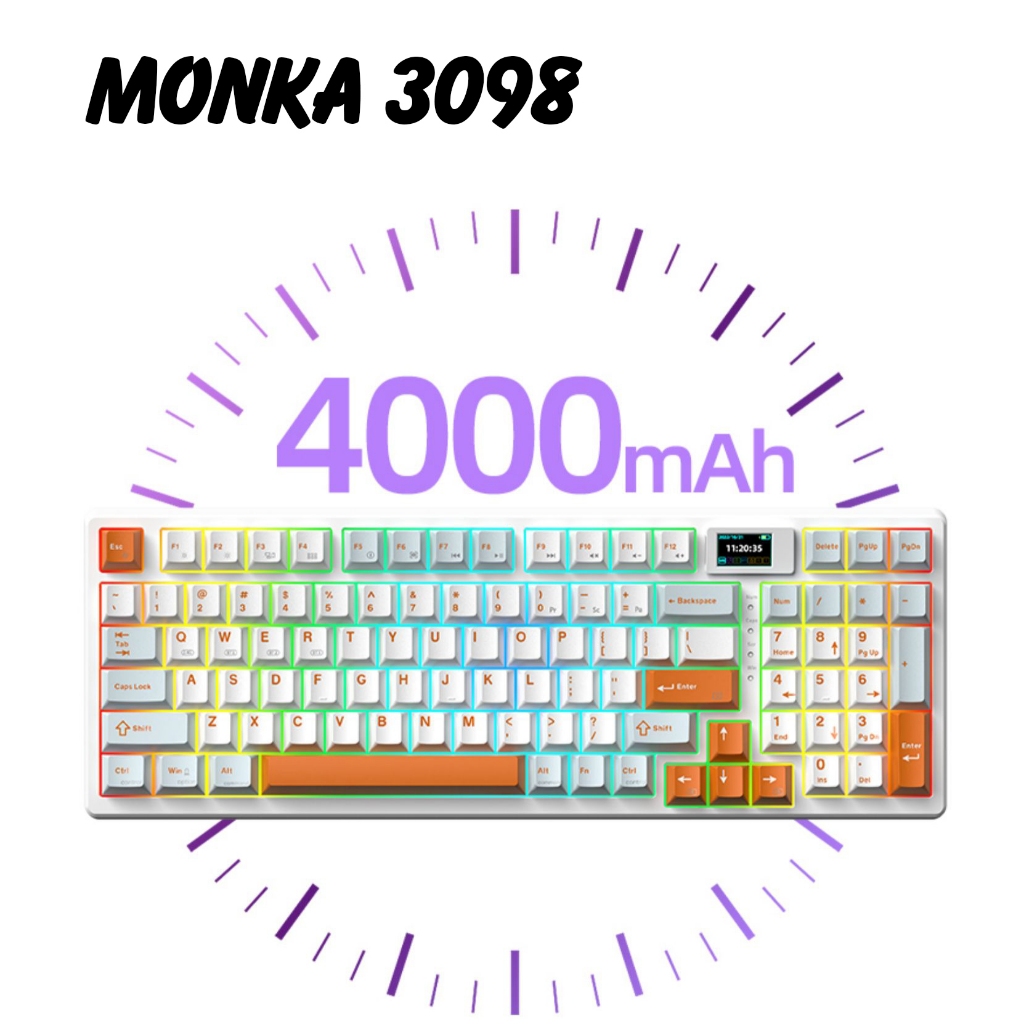 Bàn Phím Cơ Không Dây MONKA 3098 LED RGB -Hotswap 5pin - 3 Chế độ - Có Màn Hình - Mạch Xuôi - Full Size