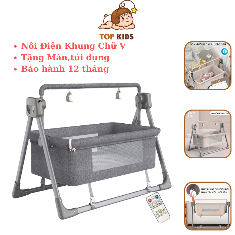 Nôi Điện Cho Bé TOPKIDS Điều Khiển Từ Xa Có Nhạc Tặng màn,túi đựng gấp gọn.