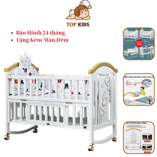 Nôi cũi trắng topkids hai tầng ghép giường bố mẹ có bánh xe tặng kèm màn, đệm.tk44