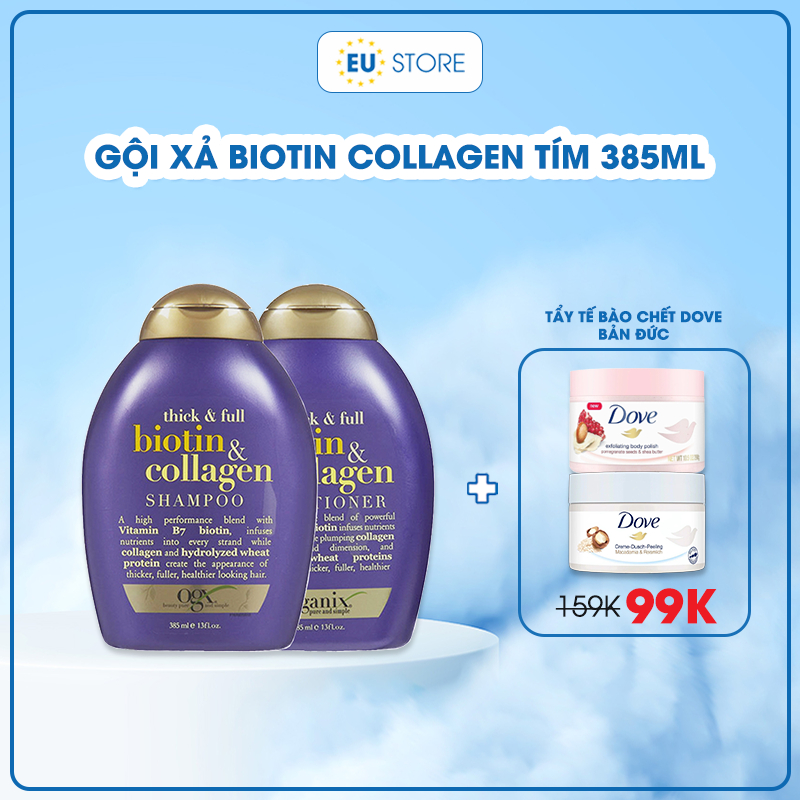 Dầu gội xả Biotin Collagen tím 385ml OGX + Viên uống Biotin Natrol 10000mcg giảm rụng tóc, giúp mọc tóc