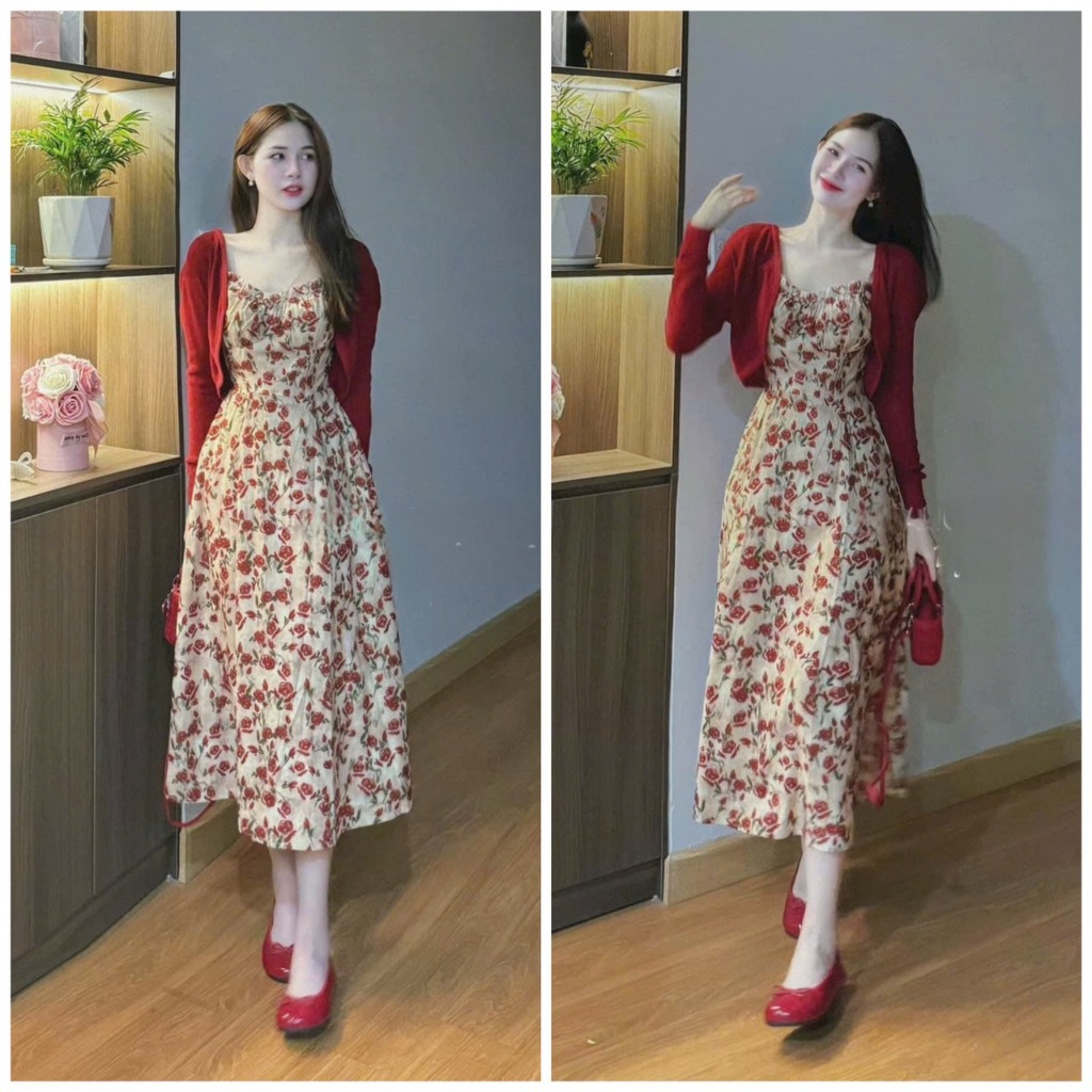 Sét đầm voan hoa xòe mix khoác gân lạnh tông đỏ kiểu dáng trẻ trung nữ tính thích hợp mặc đi chơi đi dạo