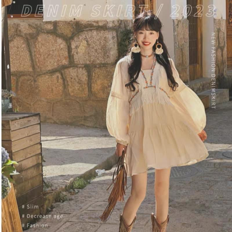 Váy boho trắng thêu hoa kiểu dáng vintage HÀNG CHINA ORDER
