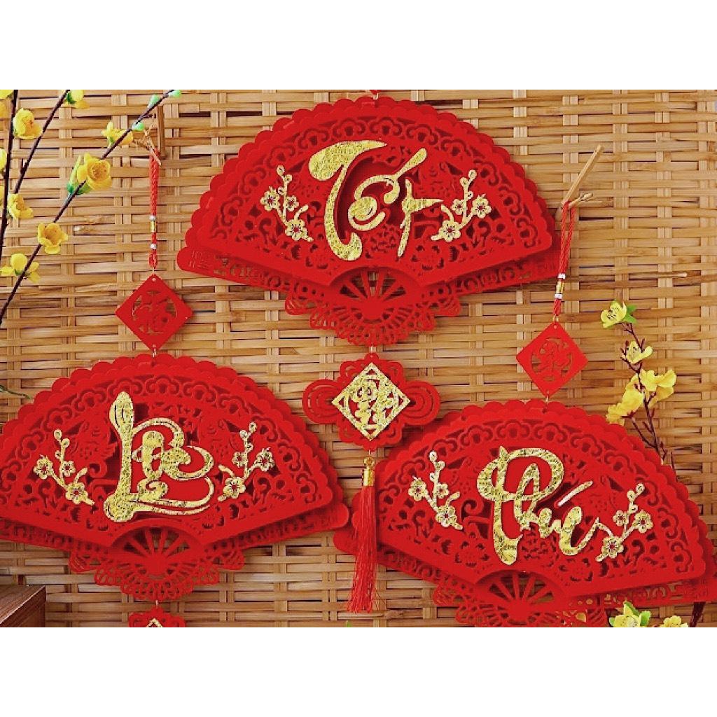 Khánh quạt Khánh vuông - Liễn nhung đỏ - Dây treo cửa hình QUẠT có chữ TẾT - PHÚC -LỘC - THỌ