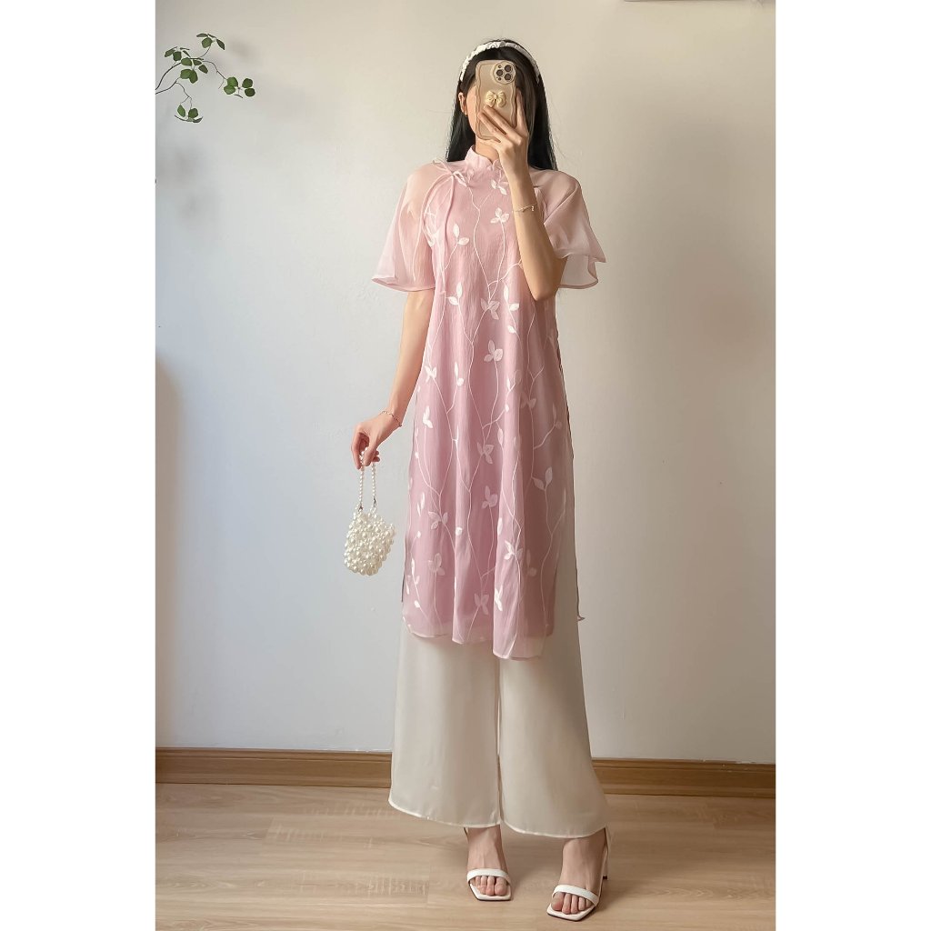 Áo dài thêu kèm bờm tay lỡ Retrostyle - Aodaikembom0238_P13K7
