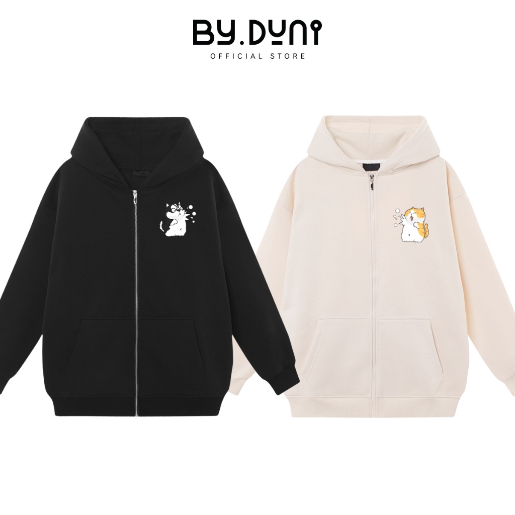 Áo khoác Hoodie zip cặp đôi BY.DUNI nam nữ form rộng, áo nỉ dây kéo cặp bạn thân unisex mẫu Chó mèo tuyết full box