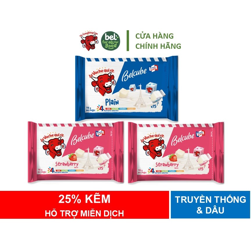 Combo 3 Gói Phô Mai Hỗ Trợ Miễn Dịch Phô Mai Vuông Belcube 15 Viên Vị Truyền Thống và Vị Dâu