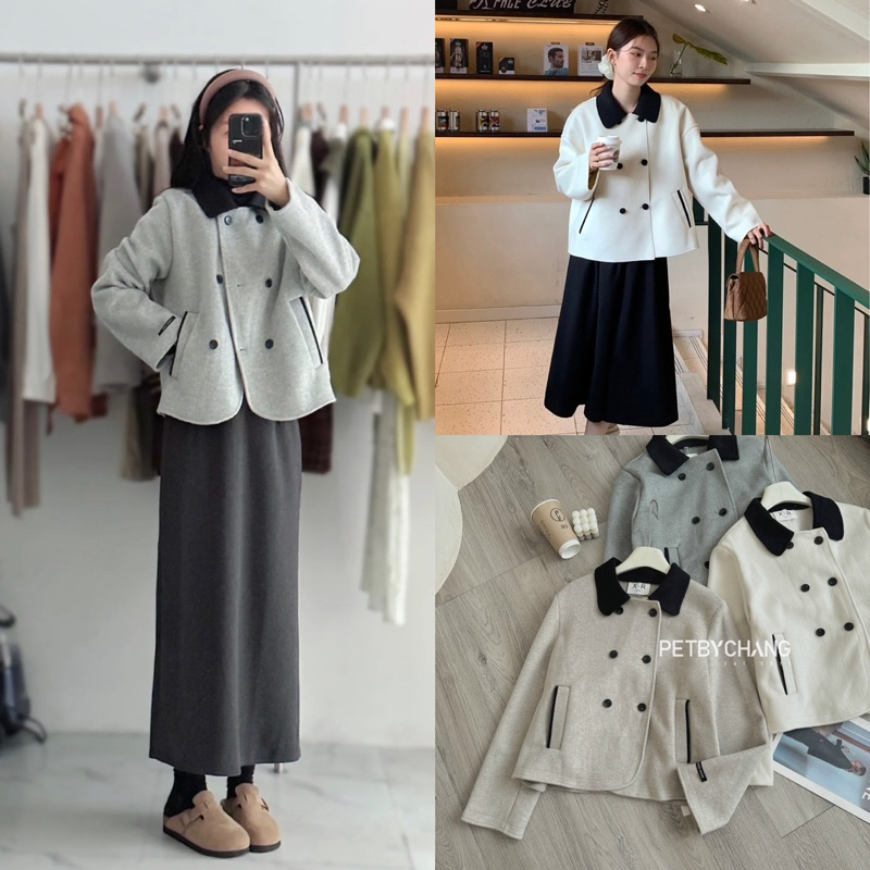 Áo khoác dạ hand made dáng ngắn phối cổ đen kiểu dáng suông basic dễ mặc dễ mix match