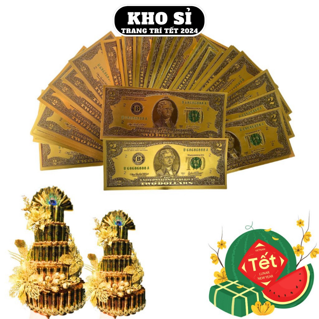 Tập 100 tờ 2 đôla, 2 USD làm tháp đô tài lộc