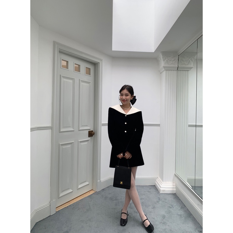 Set váy ngắn chữ A mix áo sơmi dáng ngăn dài tay thanh lịch phong cách Hàn Quốc