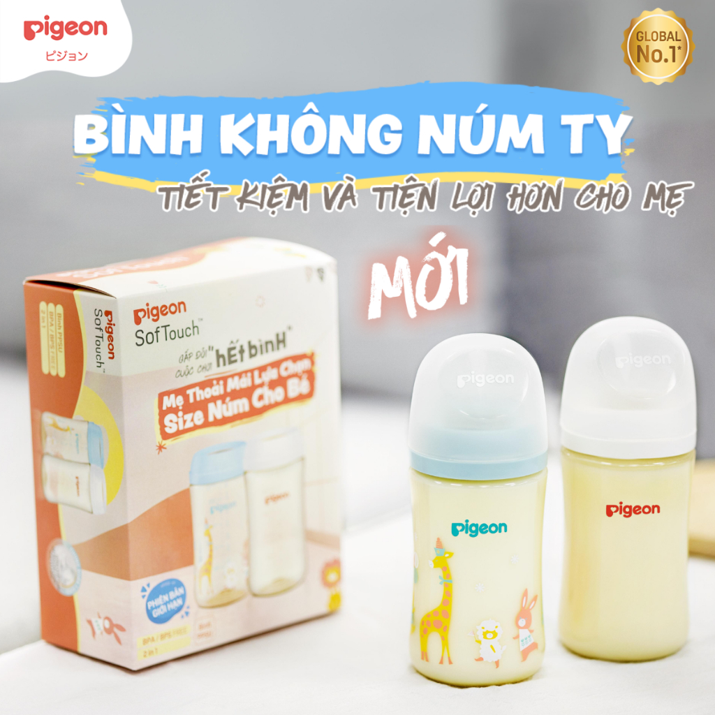 [PHIÊN BẢN GIỚI HẠN - BÌNH KHÔNG NÚM] Bộ Đôi Bình sữa Pigeon PPSU Không Núm Ty 240ml