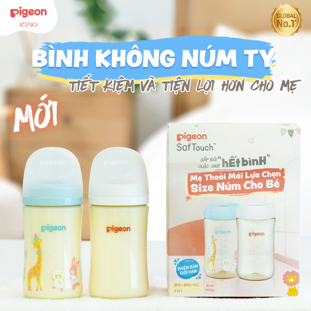 [PHIÊN BẢN GIỚI HẠN - BÌNH KHÔNG NÚM] Bộ Đôi Bình sữa Pigeon PPSU Không Núm Ty 240ml