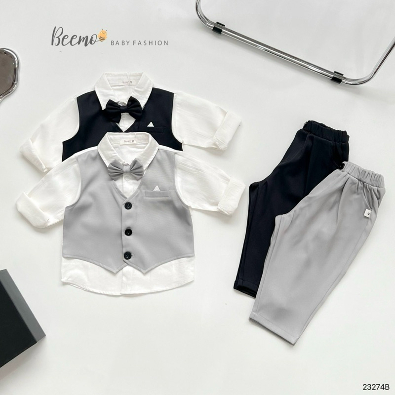 Bộ gile sơ mi trắng phối quần baggy kèm nơ cổ Beemo cho bé, bộ sơ mi công tử 3 chi tiết