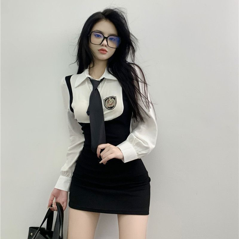 Váy Nữ Nóng Bỏng Phong Cách Đại Học Kiểu Dính Liền Áo Sơmi Và Váy 2 Dây Ôm Kèm Cà Vạt Diamondcloset Order