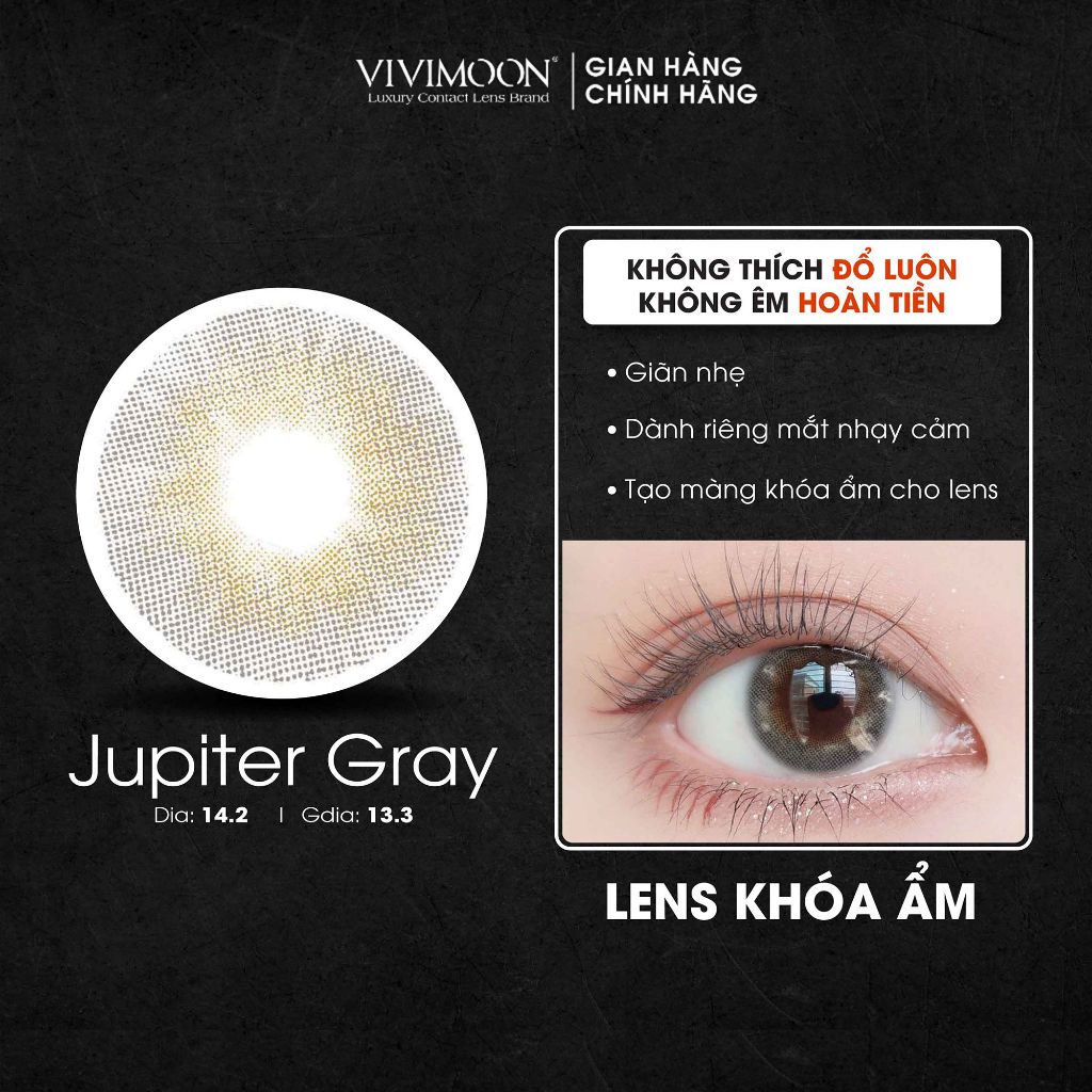 Lens khóa ẩm cận màu xám pha ánh vàng 6 tháng Jupiter Gray kính áp tròng VIVIMOON