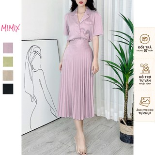 Set bộ MIMIX trơn nữ công sở áo vest kèm chân váy dập ly cotton ruby BT9230