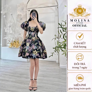Đầm Gấm Hoa Tiểu Thư Dáng Ngắn Tay Bồng Thiết Kế Molina Họa Tiết Thanh Lịch Tôn Da, Phù Hợp Đi Tiệc Dạo Phố