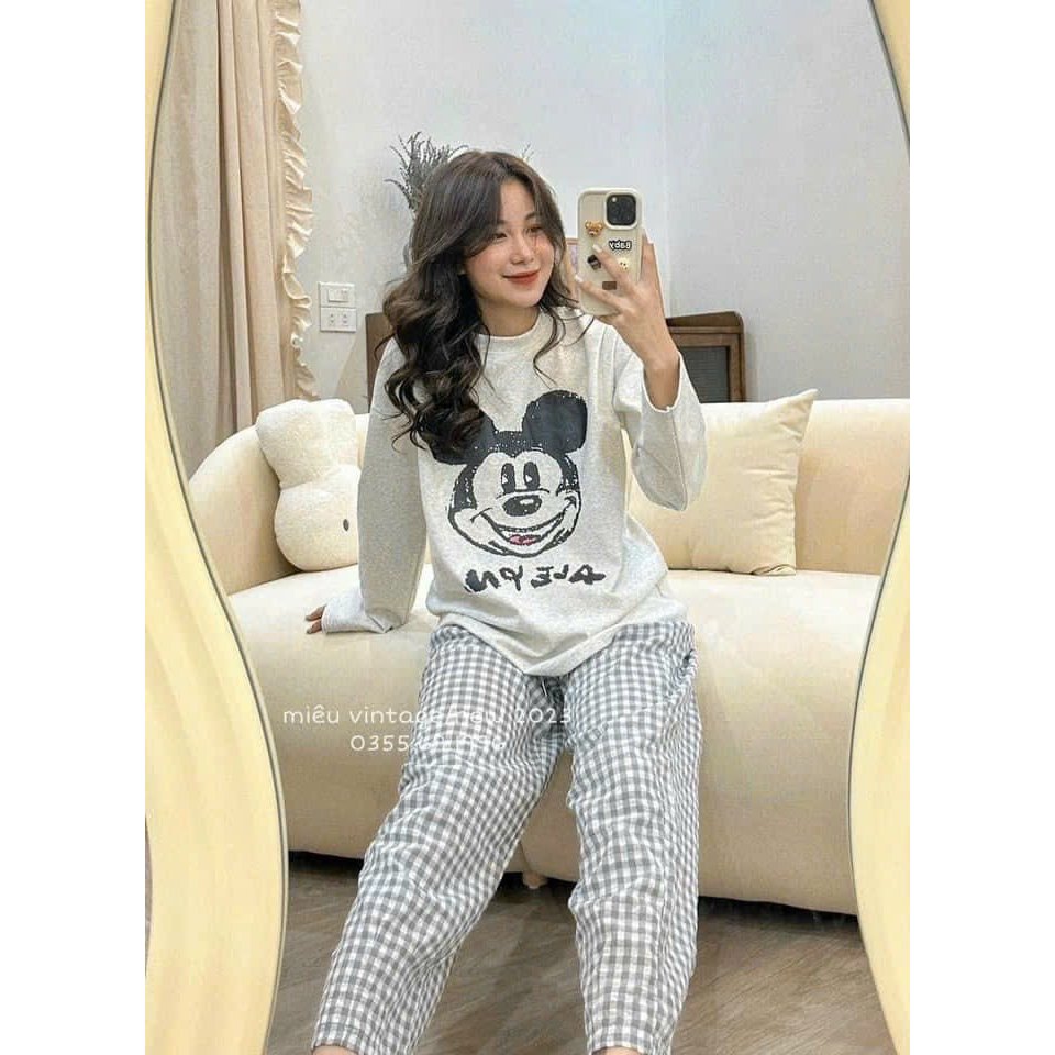 BỘ MICKEY DÀI TAY GHI QUẦN KẺ XÁM DÀI