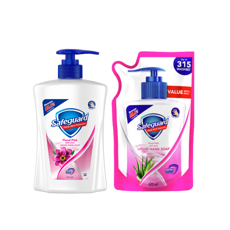 Combo 2 Nước Rửa Tay SAFEGUARD Sạch 99,9% Vi Khuẩn & Dịu Nhẹ Cho Da Chai 450ml & Túi 420ml Hoa Hồng Lô Hội