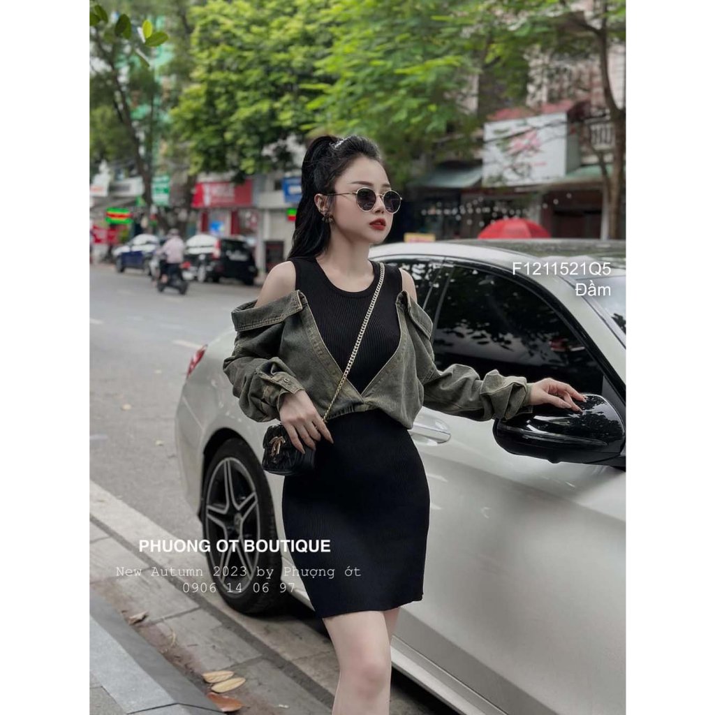Đầm ôm tăm phối áo jean liền thân kiểu hở vai hai bên tay dài hàng đẹp!