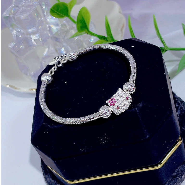 Vòng Tay Bạc Cho Bé Gái Kitty Hoa Dạng Kiềng ( Bạc 925)