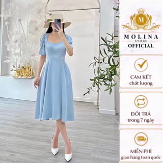 Đầm Xòe Cổ Vuông Thiết Kế Molina Hai Lớp Dáng Dài Công Chúa Tay Bồng Điệu Đà, Chất Phi Lụa Cao Cấp Mềm Mát