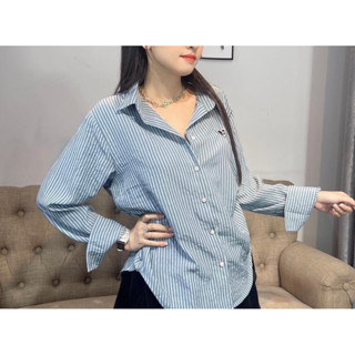  Áo Sơ Mi Kẻ Sọc Nhí Pastel Dài Tay Thêu Tim Cho Nữ Xinh Xắn Sơ Mi Công Sở Sọc Kẻ Cotton Đũi Mềm Dày Dặn Freesize 