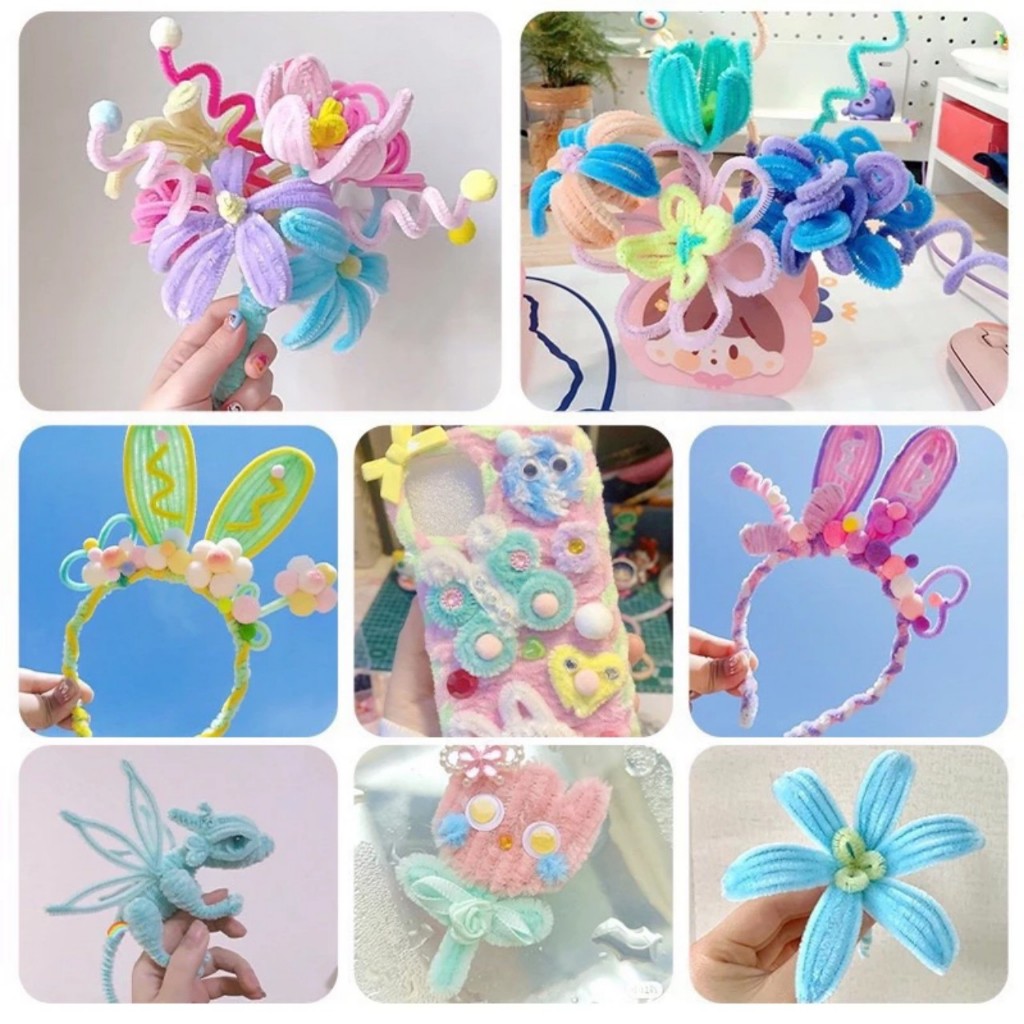 Set 100 dây kẽm nhung màu pastel Kèm Đèn đom đóm handmade,Dây kẽm lông nhiều màu làm hoa tulip, quà tặng