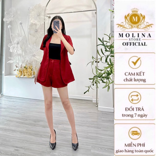 Set Áo Vest Thiết Kế Molina Tay Ngắn Phối Nút Bọc Kèm Quần Short, Chất Kaki Thun Nhung Cao Cấp Mềm Mịn