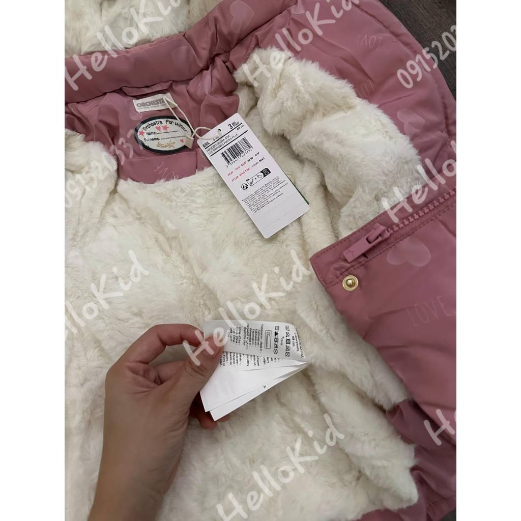 Áo khoác phao parka hồng vân tim nổi orchesrra cho bé