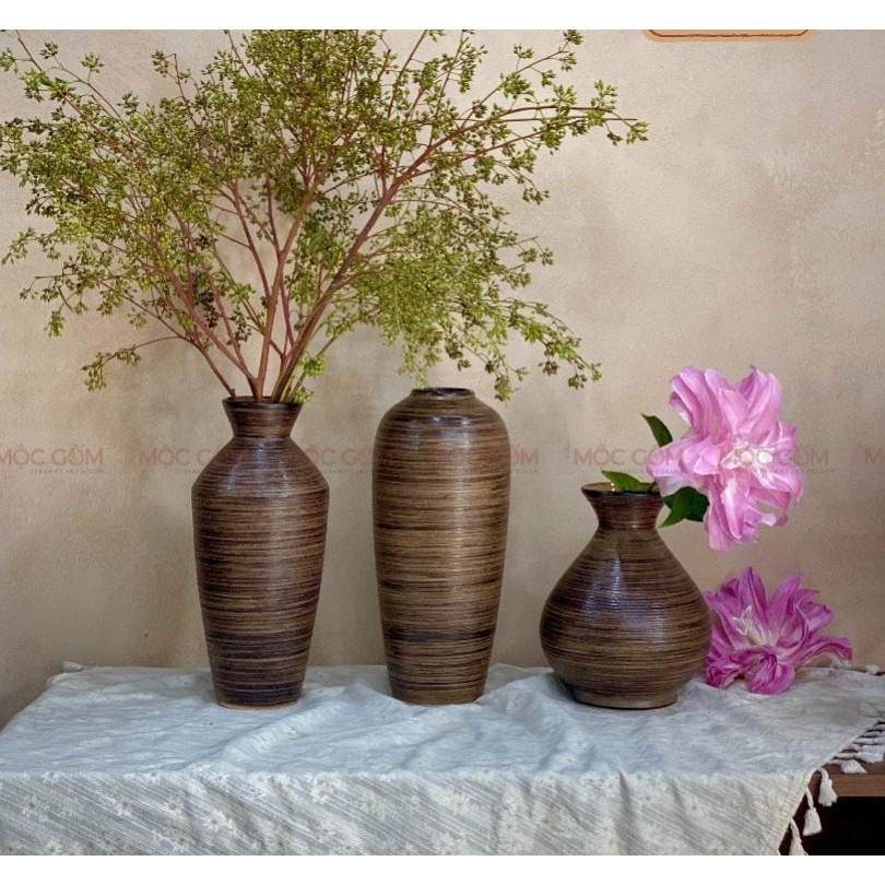 Bộ 3 bình gốm cắm hoa Bát Tràng, phong cách Bắc Âu 3 kiểu dáng