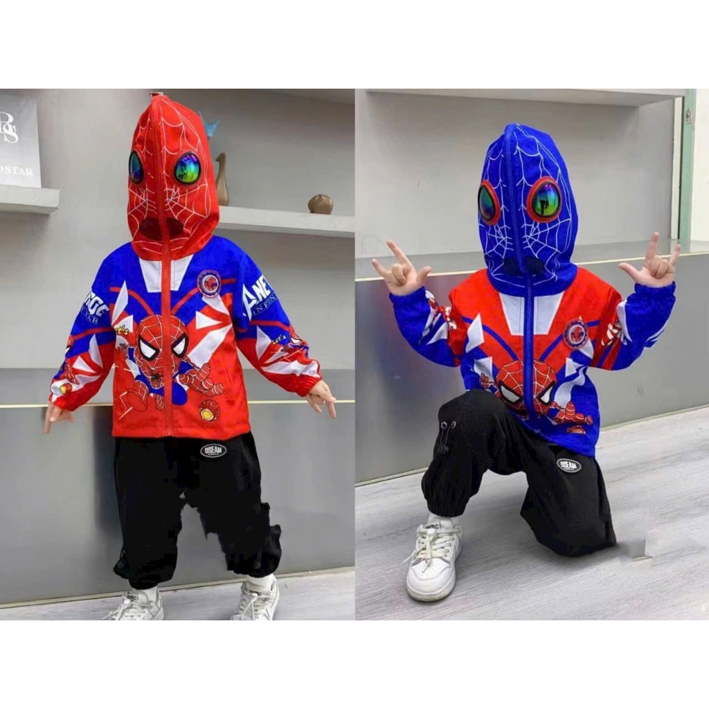 Áo khoác lót lông nhung người nhện có kính, có đèn hàng QC cho bé - A451