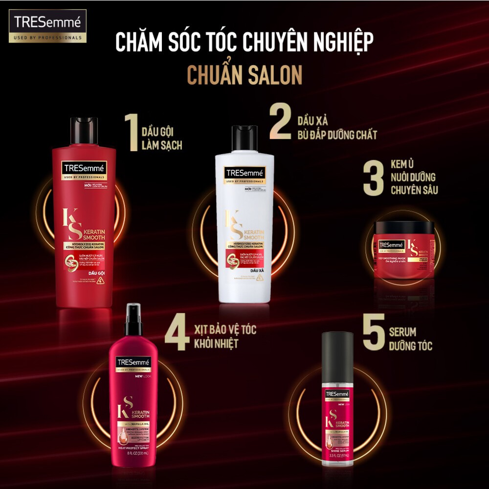 Combo Dầu Gội, Dầu Xả TRESEMME Keratin Smooth Dưỡng tóc khô xơ rối Công thức chuẩn salon Vào Nếp Suôn Mượt 640g, 620g