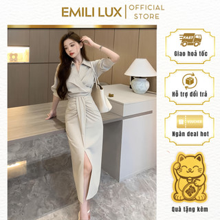Váy đầm xẻ tà Emili dáng bút chì, váy sơ mi chiết eo chất liệu chéo hàn phong cách công sở 