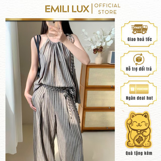 Set bộ đồ nữ áo hai dây kẻ sọc kèm quần suông nữ Emili áo cổ yếm mix quần xuông dài chất đũi 