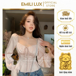 Áo kiểu nữ Emili cổ vuông tay, áo bèo bo chun thiết kế may ly ngực chất lụa mỹ 