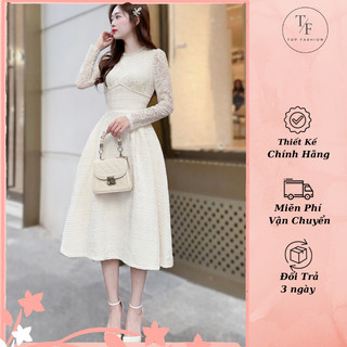  Đầm dạ thiết kế phối ren sang trọng Váy tiểu thư dài tay phù hợp công sở đám cưới thu đông cao cấp 