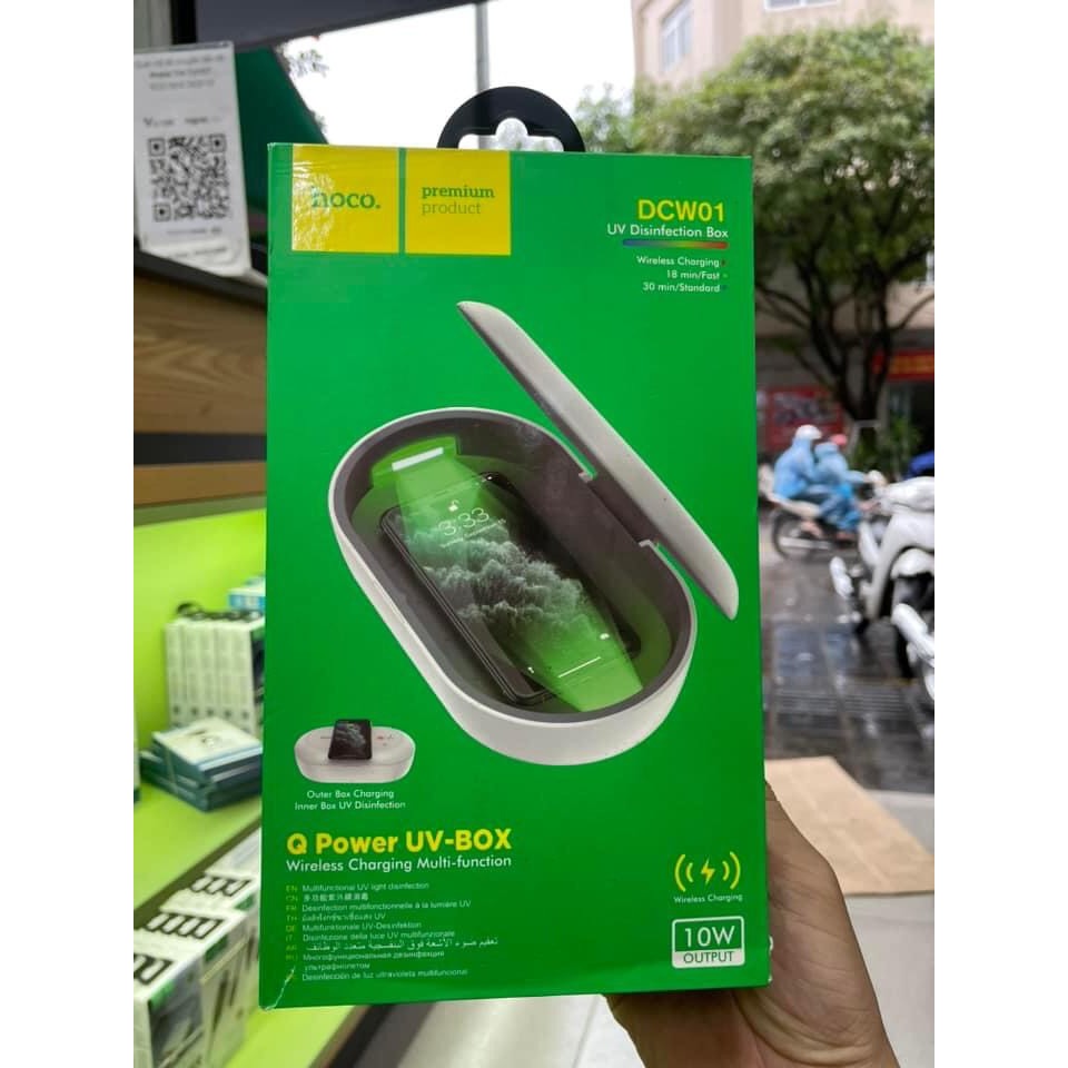 Hộp sạc khử trùng tia UV điện thoại Hoco DCW01 UV-Box UV Sanitizing Box kèm sạc nhanh không dây cho 
