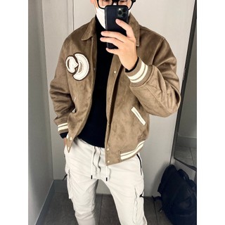 Áo khoác da lộn chữ lưng nâu
