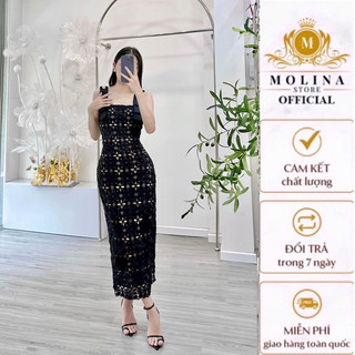 Đầm Maxi Ren 2 Dây Dáng Ôm Body Thiết Kế Molina Đính Đá Nơ Vai Nữ Tính Quyến Rũ, Phù Hợp Đi Tiệc Sang Trọng