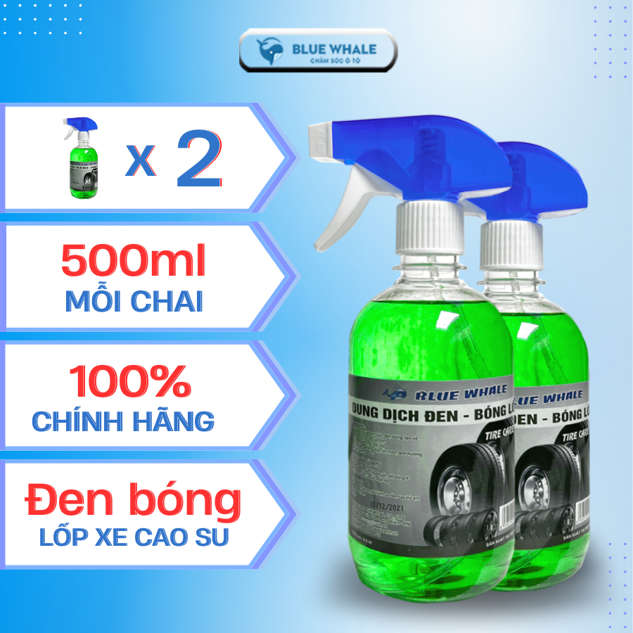 Combo 2 chai dung dịch làm đen bóng lốp BlueWhale 500ml chính hãng phù hợp với mọi loại lốp ô tô, xe máy, xe đạp điện