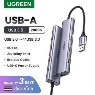 Bộ chia hub usb 3.0 1 ra 4 cổng usb 3.0 ugreen 20805, 50985 5gbps dây bọc dù vỏ nhôm,hỗ trợ nguồn type-c) chính hãng
