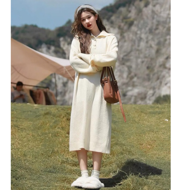 Qccc Đầm suông len dệt kim LÔNG thỏ MỊN cổ bẻ dáng dài che khuyết điểm đầm bầu ullzang hàn quốc ameei store