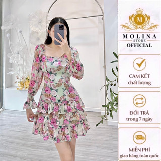 Đầm Hoa Thiết Kế Molina Cổ Vuông Tay Dài Chun Bèo Tầng Chất Lụa Cao Cấp
