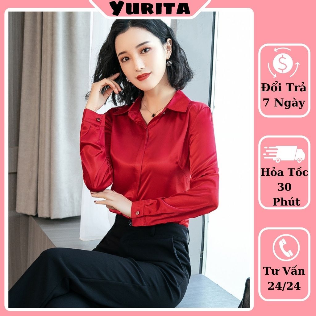 Áo Sơ Mi Nữ Công Sở Màu Đỏ Đô Cổ ĐứcYURITA Kiểu Hàn Quốc Vintage Ulzzang Form Rộng Dài Tay Đẹp Chất Lụa Cao Cấp A2D