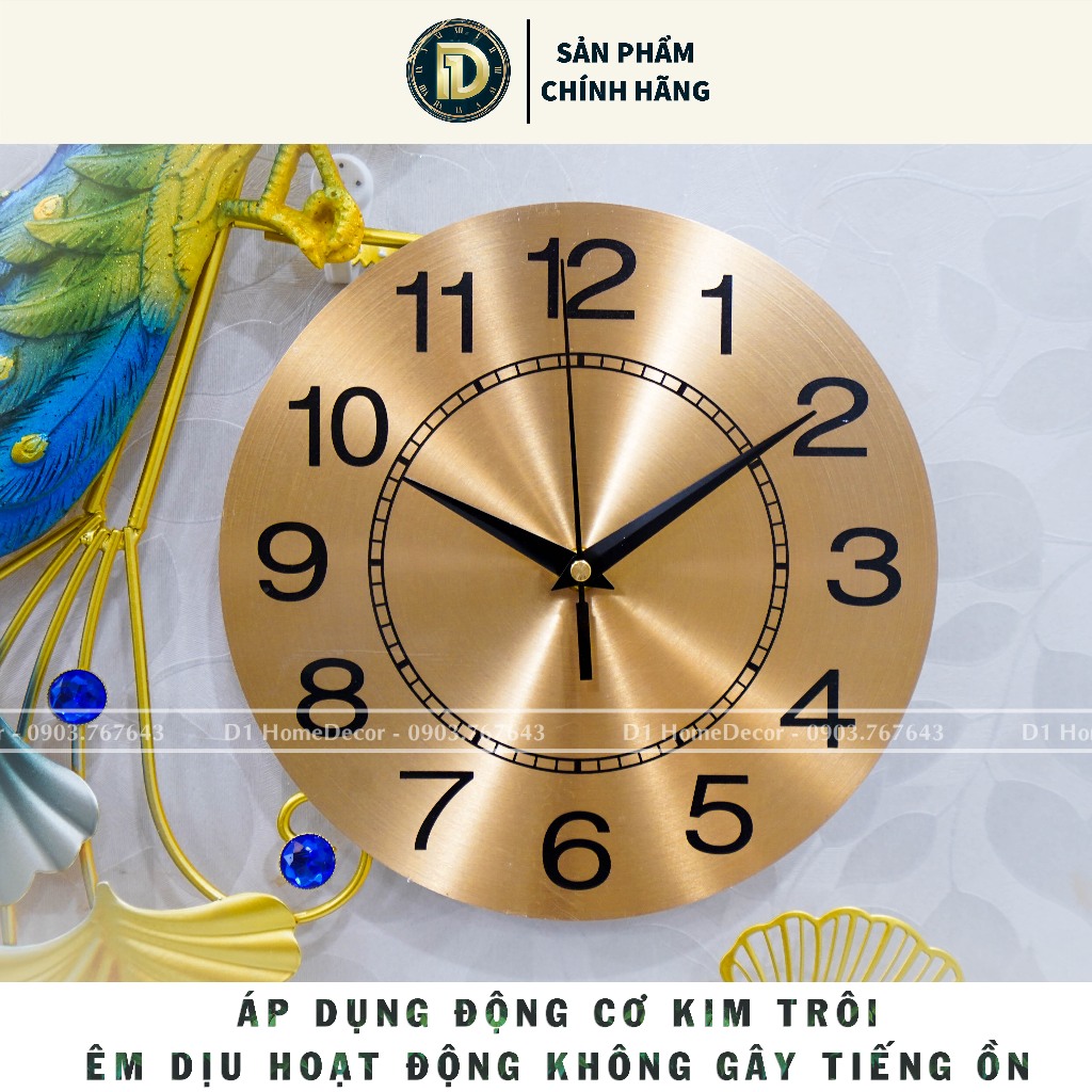 Đồng Hồ Treo Tường Con Chim Công Khổng Tước Tài Lộc Chính Hãng D1 Home Kim Trôi Trang Trí Tường Decor - CD17