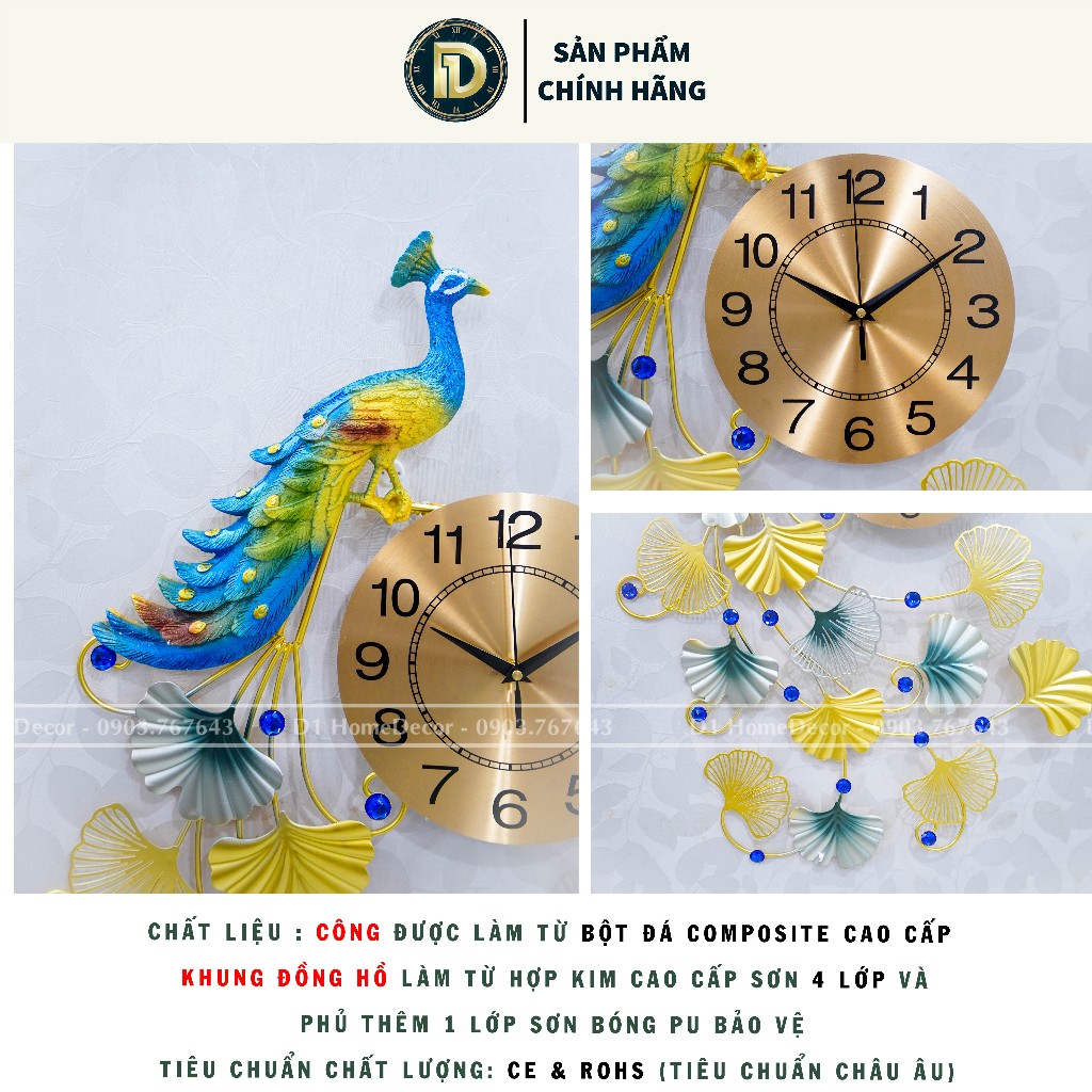 Đồng Hồ Treo Tường Con Chim Công Khổng Tước Tài Lộc Chính Hãng D1 Home Kim Trôi Trang Trí Tường Decor - CD17