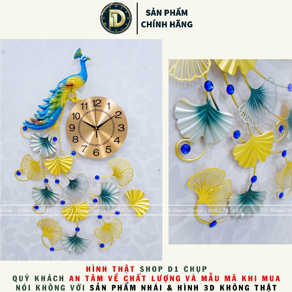 Đồng Hồ Treo Tường Con Chim Công Khổng Tước Tài Lộc Chính Hãng D1 Home Kim Trôi Trang Trí Tường Decor - CD17