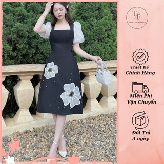Váy dự tiệc thiết kế cổ vuông, tôn dáng thêu hoa cao cấp - Đầm thiết kế công sở dáng chữ A sang trọng