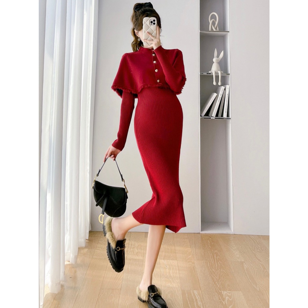 T-Mie | Đầm Bầu Maxi Quảng Châu   Len Kèm Cổ Khoác Rời ,MD5055