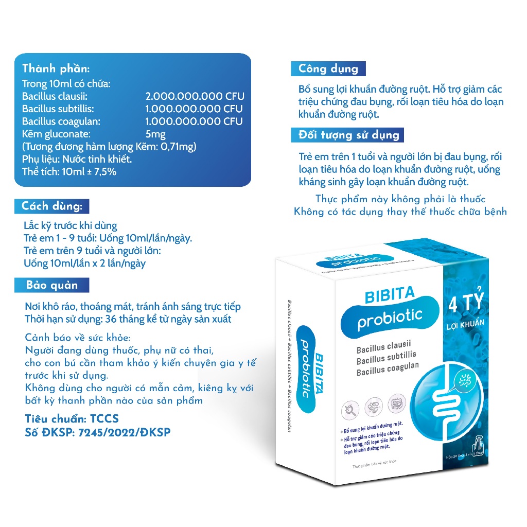 Men vi sinh Bibita Probiotic-  Men vi sinh 4 tỷ lợi khuẩn hỗ trợ giảm đau bụng,rối loạn tiêu hoá do loạn khuẩn ruột